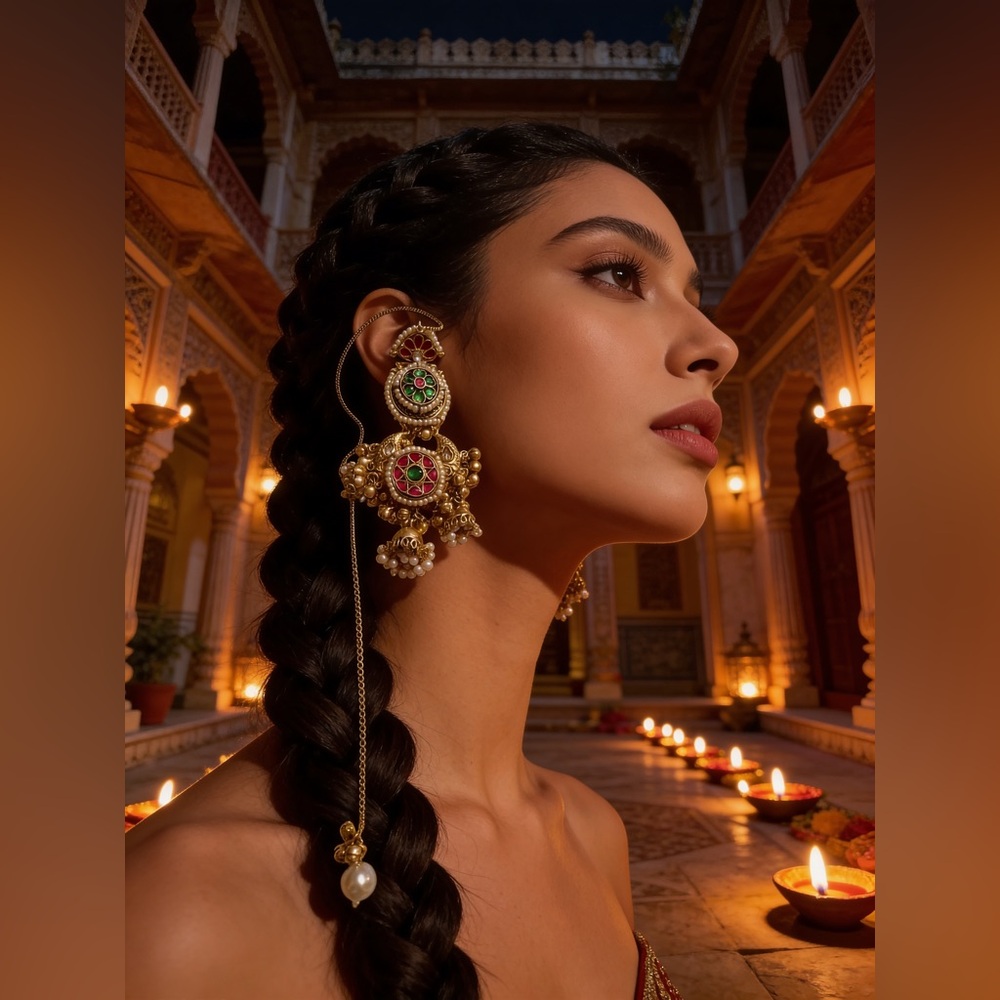 Kashmiri Earrings- 92.5 German Silver Gold and Green Statement Necklace
